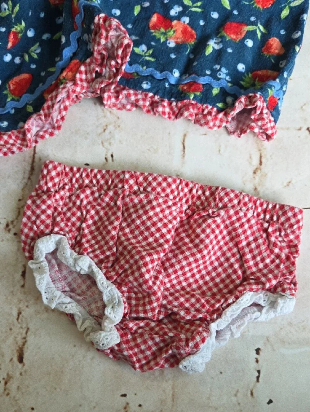 Blue Strawberry Print Toddler Dress with Red Gingham Trim